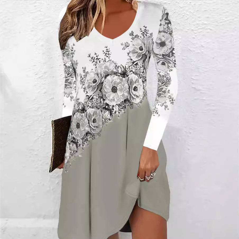 Damen V-Ausschnitt Kleid mit floralen Akzenten und asymmetrischem Schnitt EB