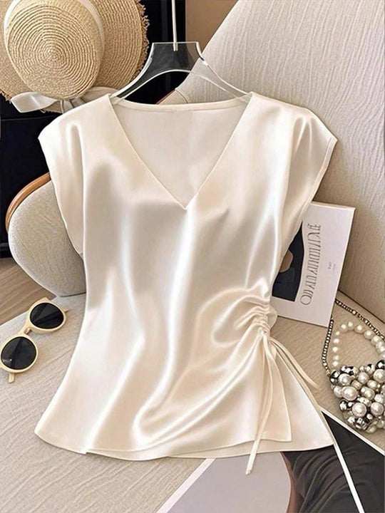 Damen Satinbluse mit seitlichem Kordelzug und V-Ausschnitt EB