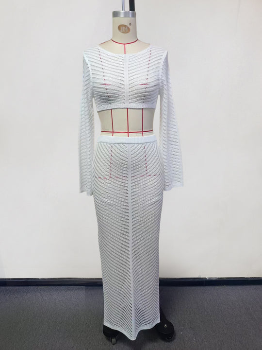 Damen elegantes gehäkeltes Set mit langärmligem Crop-Top und figurbetonendem Rock EB