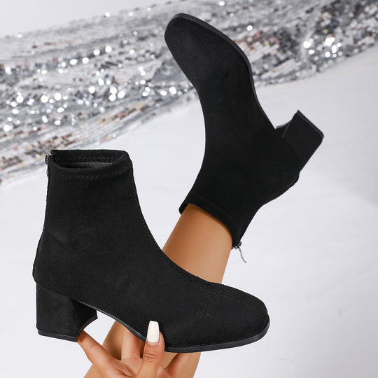 Damen nan knöchelhohe Veloursoptik-Stiefelette mit mittelhohem Blockabsatz und schlanker Vorderkappe EB