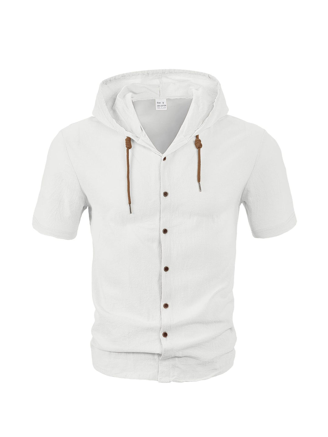 Herren nan tailliertes Kurzarm-Kapuzenshirt in Struktur-Leinenoptik mit Holzoptikknöpfen und Kordel EB