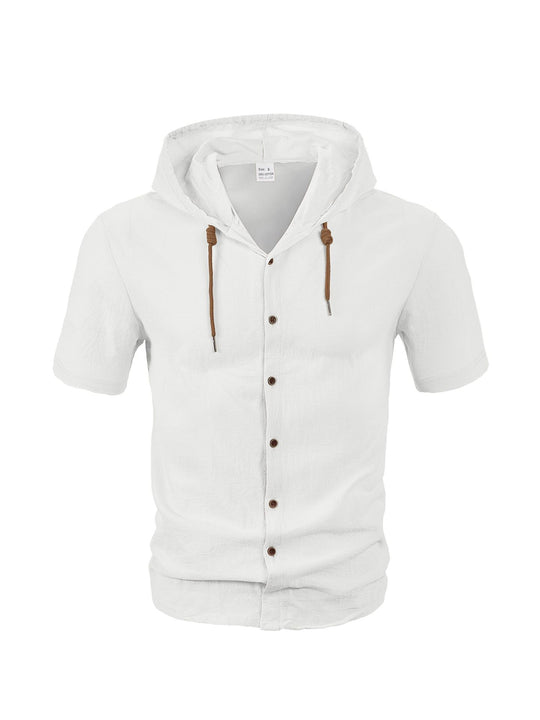 Herren nan tailliertes Kurzarm-Kapuzenshirt in Struktur-Leinenoptik mit Holzoptikknöpfen und Kordel EB