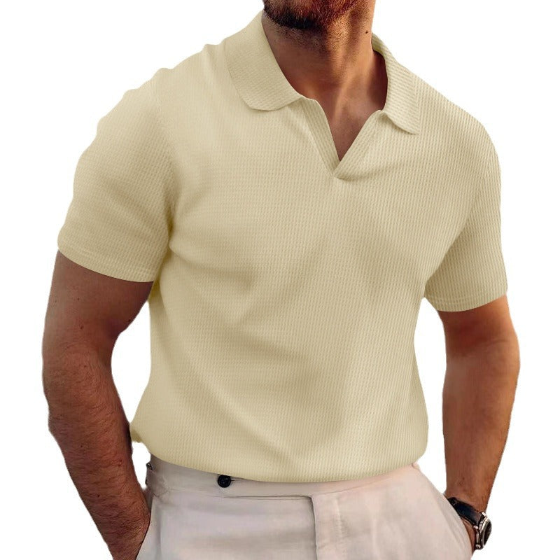 Herren nan leichtes Kurzarm-Polo aus Waffeljersey mit offenem V-Ausschnitt und Hemdkragen EB