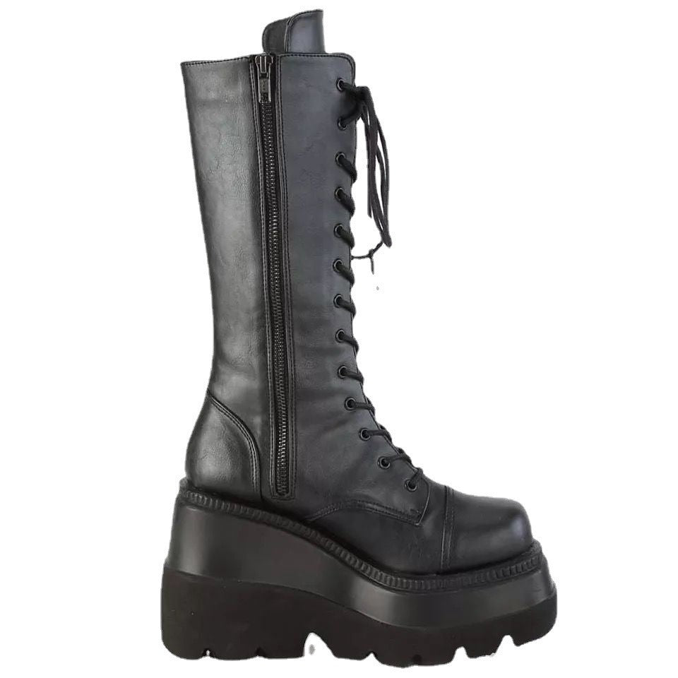 Damen Hochwertige Schnürstiefel mit Plateauabsatz und seitlichem Reißverschluss EB