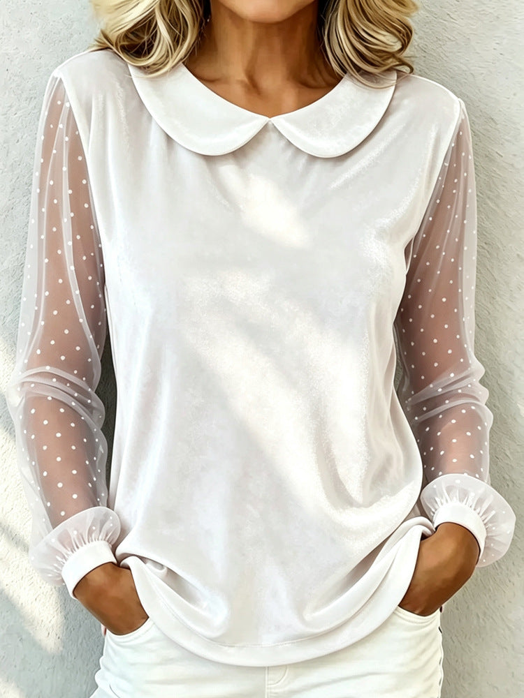 Damen Kuschelige Samtbluse mit Peter-Pan-Kragen und gepunkteten Mesh-Ärmeln EB