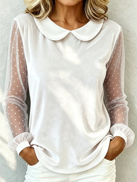 Damen Kuschelige Samtbluse mit Peter-Pan-Kragen und gepunkteten Mesh-Ärmeln EB