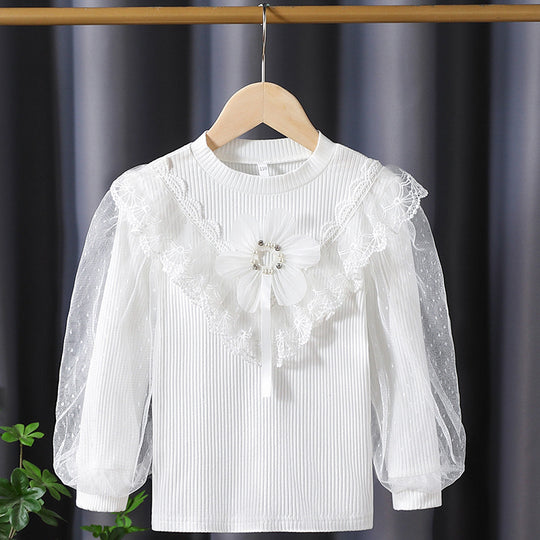 Mädchen Langarmshirt mit elegantem Tüllbesatz und Blumendekor EB