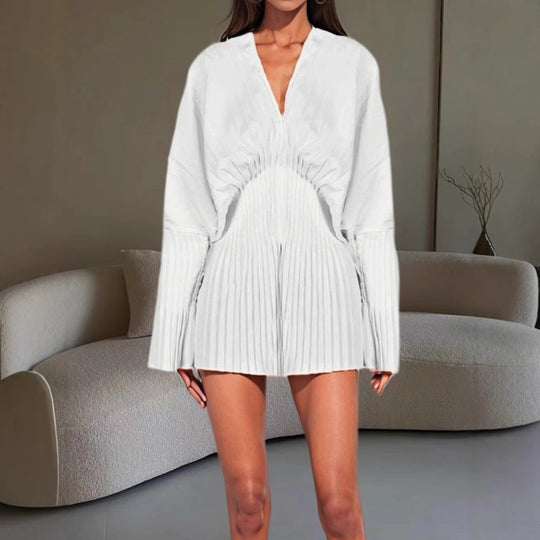Damen Plissiertes Kleid mit tiefem V-Ausschnitt und weitem Ärmel EB