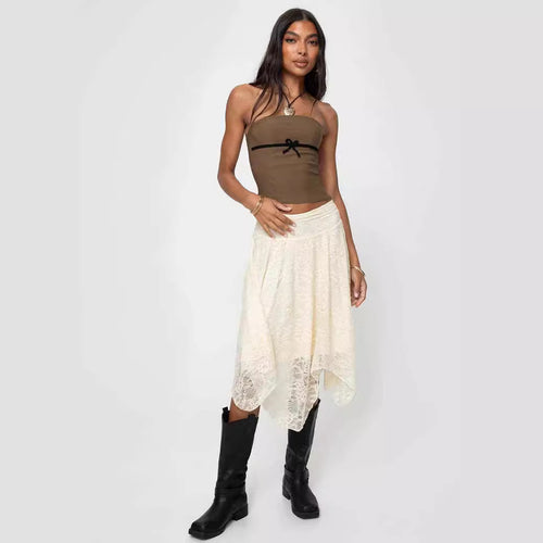 Damen moderne Spitzenmidi-Rock mit asymmetrischem Saum EB