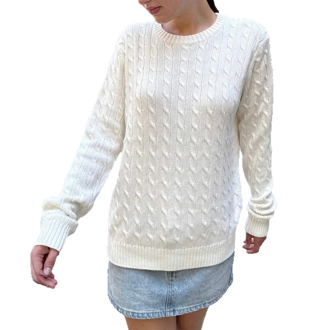 Damen nan grob gestrickter Zopfstrickpullover mit Rundhalsausschnitt, entspannter Oversize-Passform und gerippten Bündchen EB