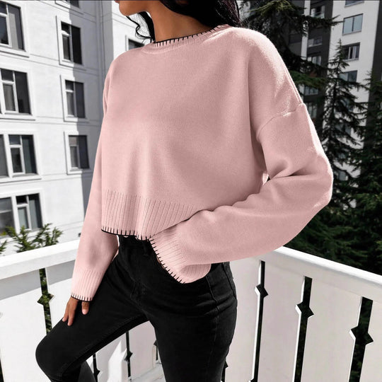 Damen Cropped Strickpullover mit feiner Rippenstruktur und lässigem Schnitt EB