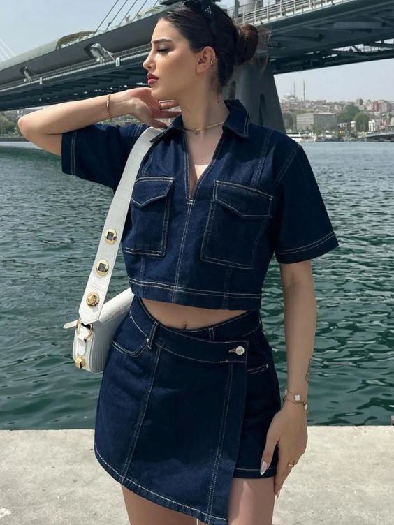 Damen modisches Denim-Kurzoberteil und Rock Set EB