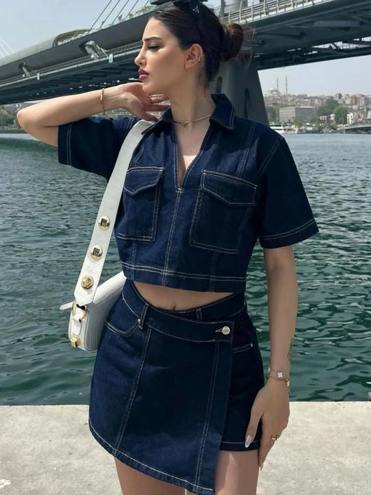Damen modisches Denim-Kurzoberteil und Rock Set EB
