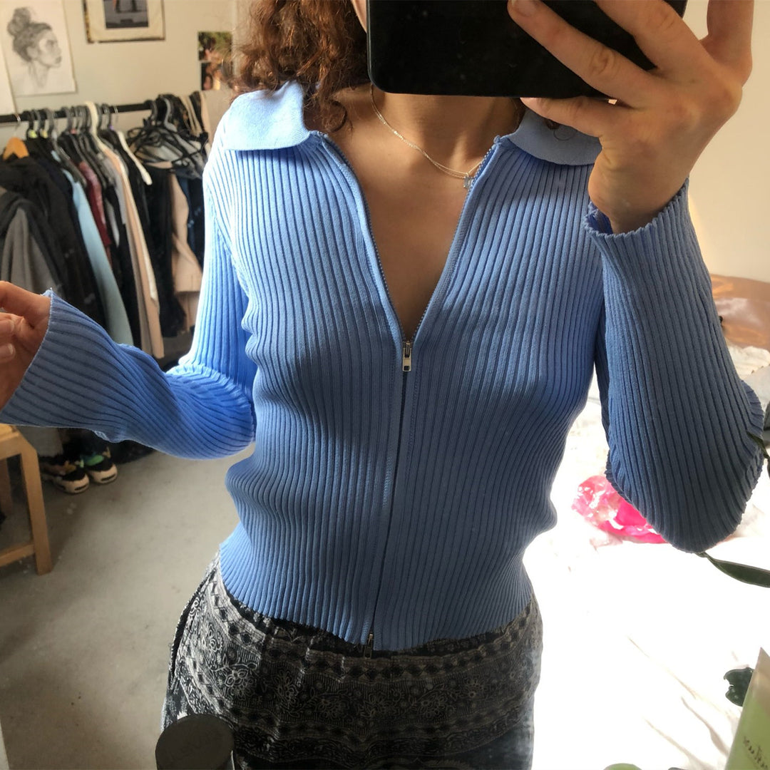 Damen Strickjacke mit Reißverschluss und Kragen EB