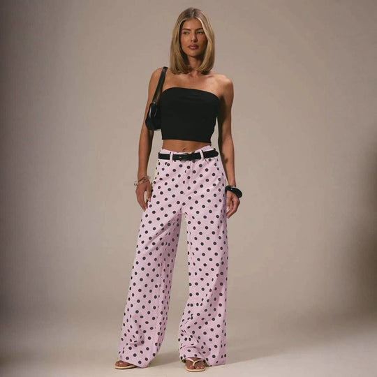 Damen weite Polka-Dot Palazzo-Hosen mit high-waist Schnitt EB