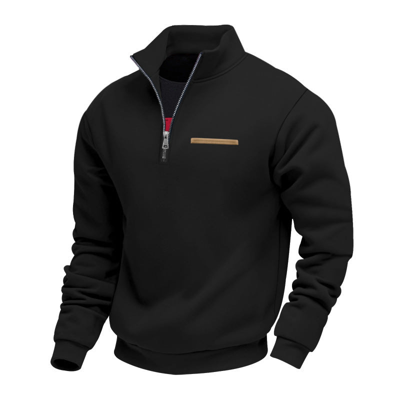 Herren nan Sweatshirt mit halbem Reißverschluss, Stehkragen und Brust-Welttasche EB