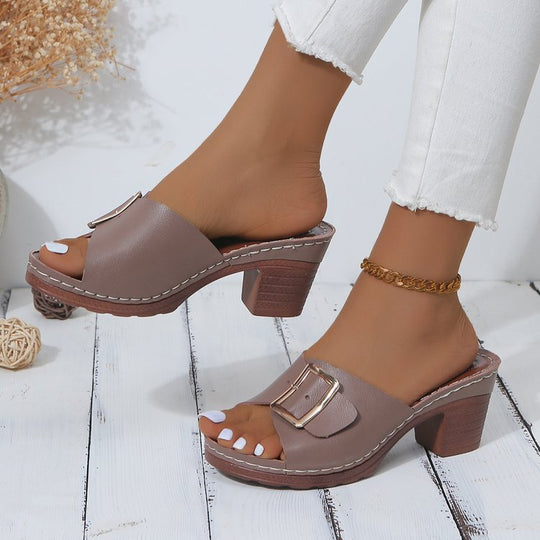 Damen Offene Slip-On Mules mit mittelhohem Blockabsatz und großer Zierschnalle EB