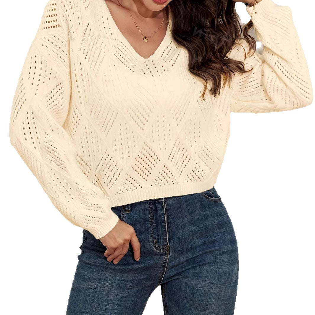 Damen V-Ausschnitt Grobstrickpullover mit filigranem Lochmuster EB