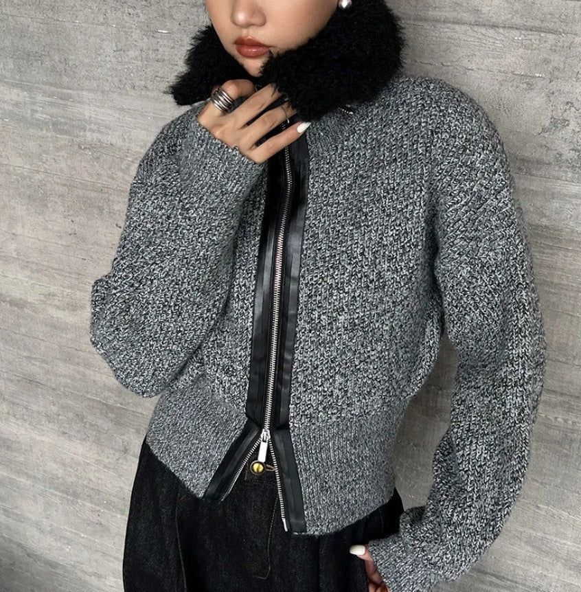Damen Strickjacke mit kontrastierendem Kragen und seitlichem Reißverschluss EB