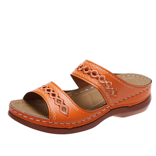 Damen Komfort-Sandalen mit doppeltem Riemen, Stickerei und gepolstertem Fußbett EB