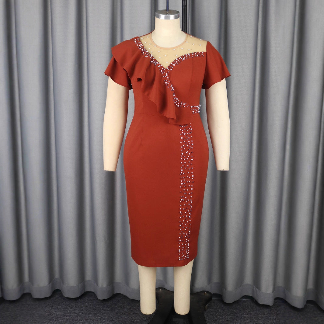 Damen elegantes figurbetontes Kleid mit Rüschendesign und funkelnden Perlen EB