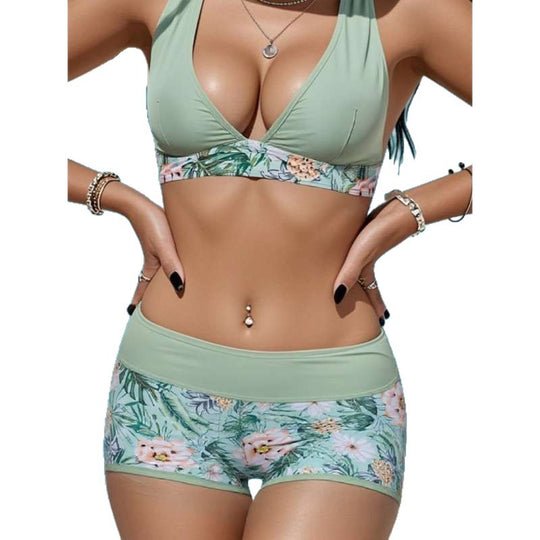 Damen sportliches Bikini-Set mit hohem Bund und floralem Design EB