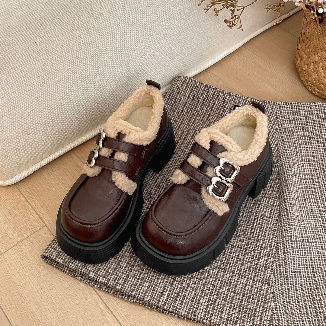 Damen modische Stiefel mit flauschigem Innenfutter und robustem Blockabsatz EB