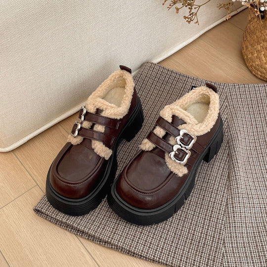 Damen modische Stiefel mit flauschigem Innenfutter und robustem Blockabsatz EB
