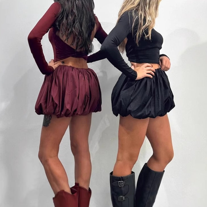 Damen Kurzes Volantkleid mit langem Arm und elastischem Taillenbund EB