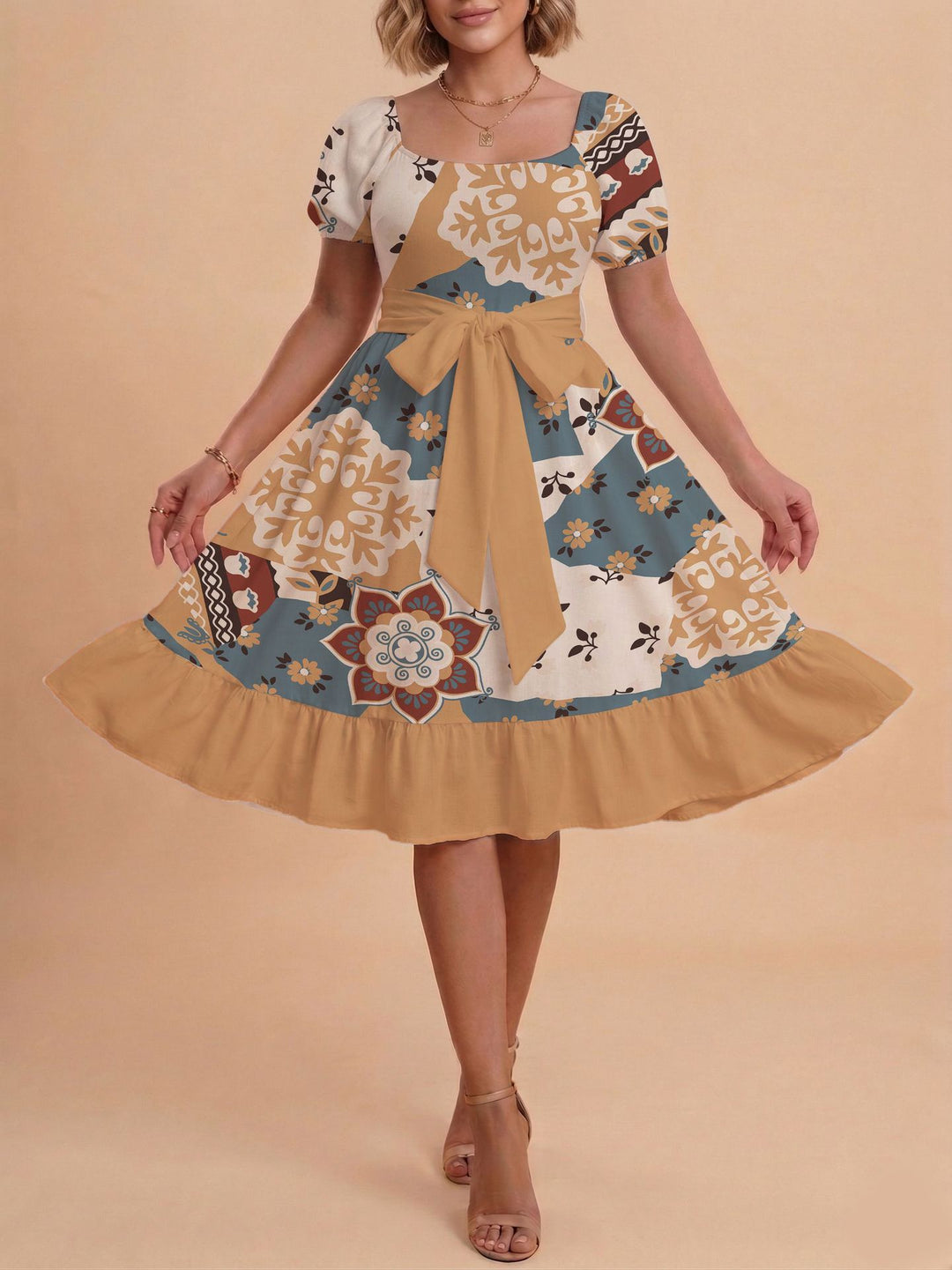 Damen Retro Maxikleid mit Puffärmeln und Taillengürtel EB