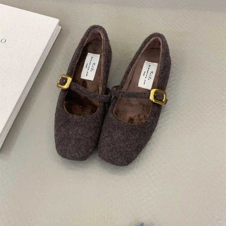 Damen elegante Filz-Ballerinas mit modischer Schnallenverzierung EB