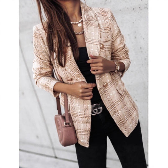 Damen nan eleganter Tweed-Blazer mit Doppelknopf, strukturierter Webung und aufgesetzten Taschen EB