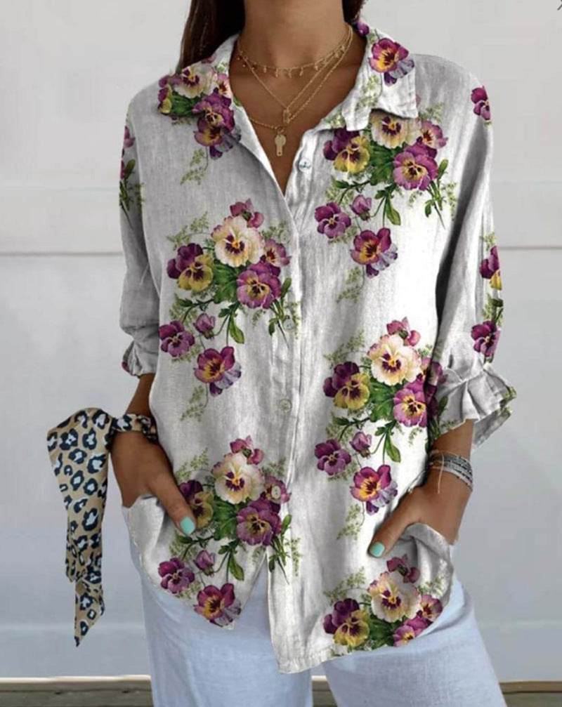 Damen Leinenbluse mit floralen Akzenten Heidi-Mode