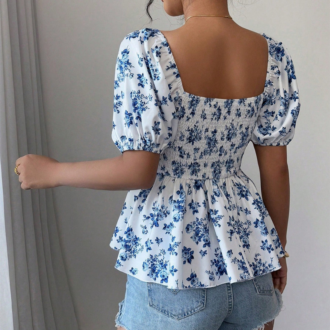 Damen Blusentop mit blumendem Muster und Wickel-Effekt EB