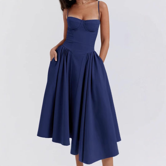 Damen Midikleid mit trägerlosem Design und voluminösem Faltenrock EB