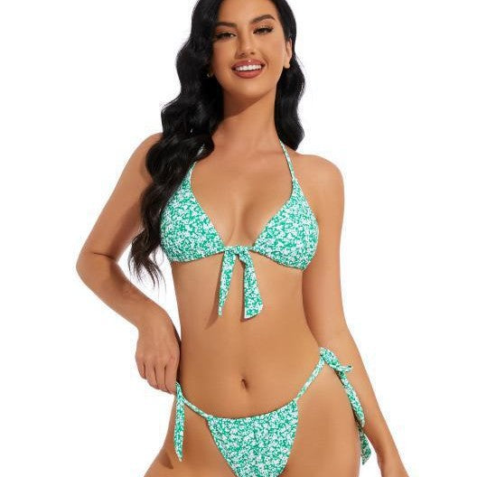 Damen Triangel-Bikini mit verspieltem Bindeband und floralem Design EB