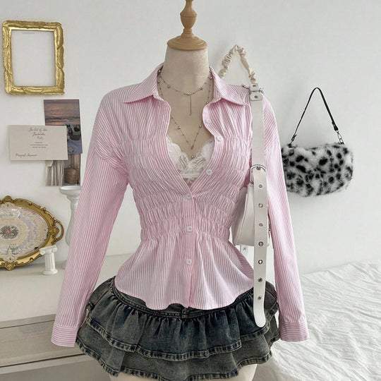 Damen nan taillierte Hemdbluse mit geraffter Brustpartie und Schößchen EB