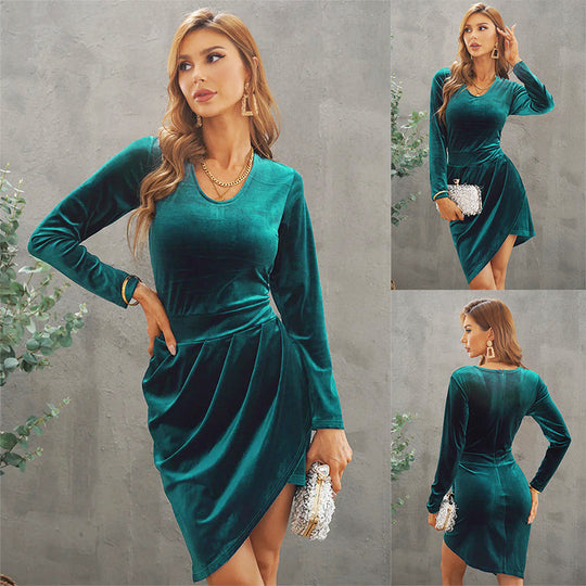 Damen elegantes Wickelkleid aus Samt mit langen Ärmeln und asymmetrischem Saum EB