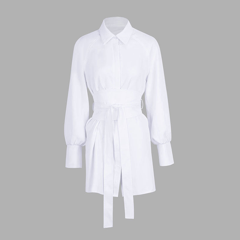Damen Hemdblusenkleid mit tailliertem Gürtel und eleganten Puffärmeln EB