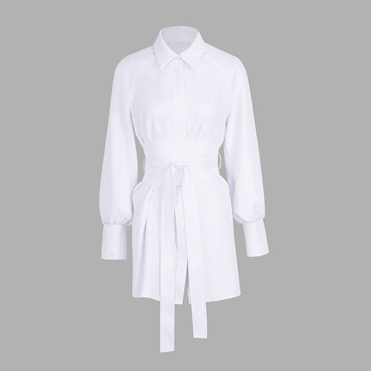 Damen Hemdblusenkleid mit tailliertem Gürtel und eleganten Puffärmeln EB