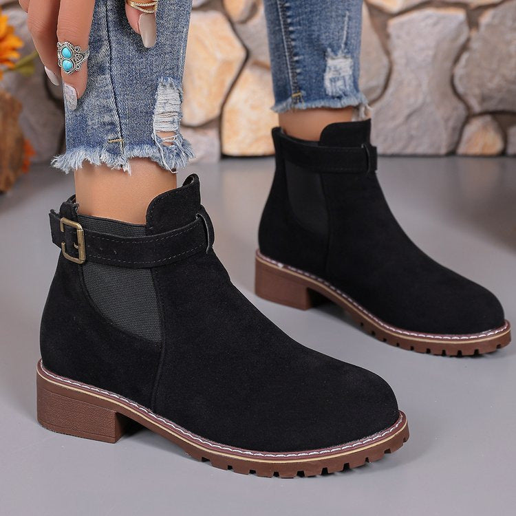 Damen Wildleder-Optik Chelsea-Stiefelette mit dekorativem Schnallenriemen, elastischem Einsatz und grober Profilsohle EB