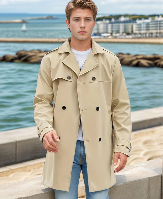 Herren nan urbaner Regenmantel im Trench-Stil mit doppellagiger Sturmklappe und verstellbaren Manschetten EB