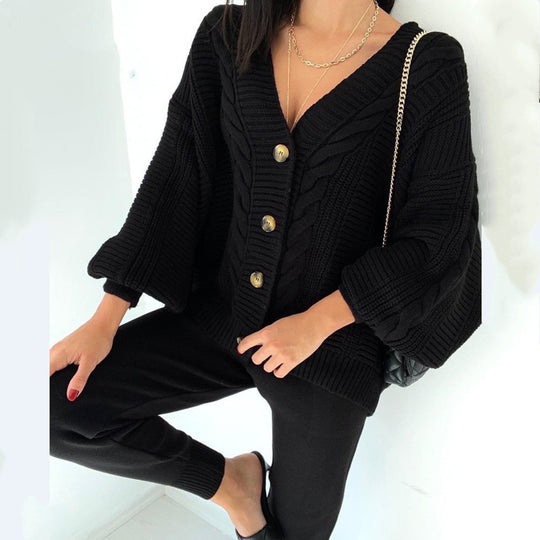 Damen Grobstrickjacke mit V-Ausschnitt und Knöpfen EB