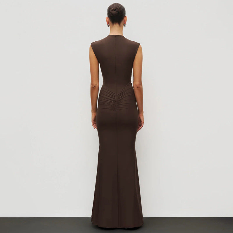 Damen Elegantes Schmalgeschossenes Maxikleid mit hohem Kragen EB