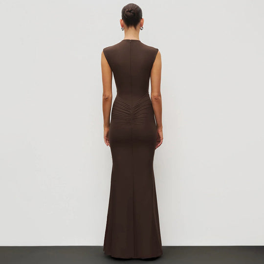 Damen Elegantes Schmalgeschossenes Maxikleid mit hohem Kragen EB