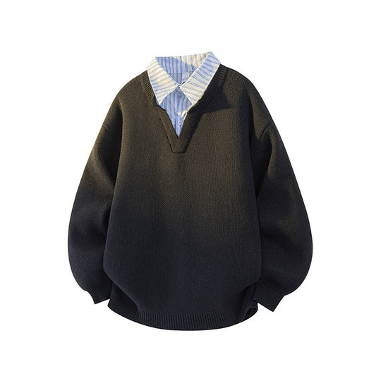 Damen Pullover mit integriertem Hemdkragen und lässigem V-Ausschnitt EB