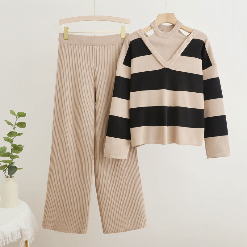 Damen modisches Strickensemble mit V-Ausschnitt und breiten Streifen EB