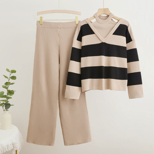 Damen modisches Strickensemble mit V-Ausschnitt und breiten Streifen EB