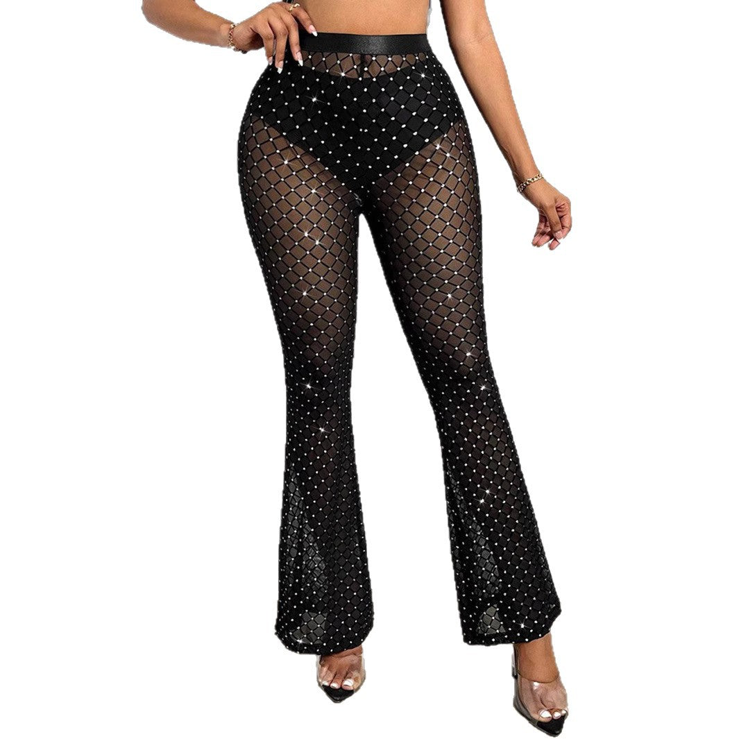 Damen Glamouröse Netzhose mit Struktur und Glitzersteinchen EB