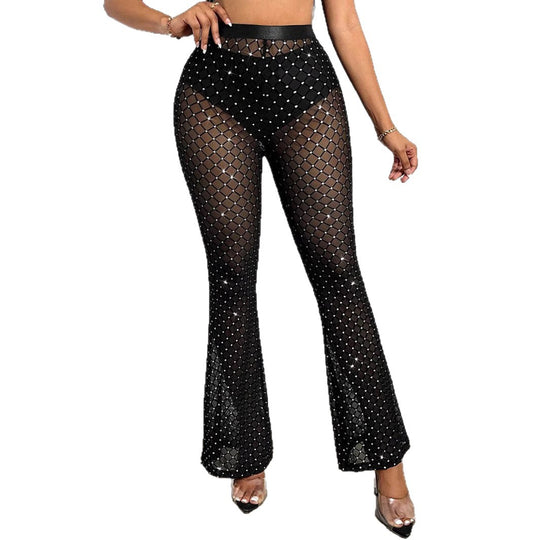 Damen Glamouröse Netzhose mit Struktur und Glitzersteinchen EB